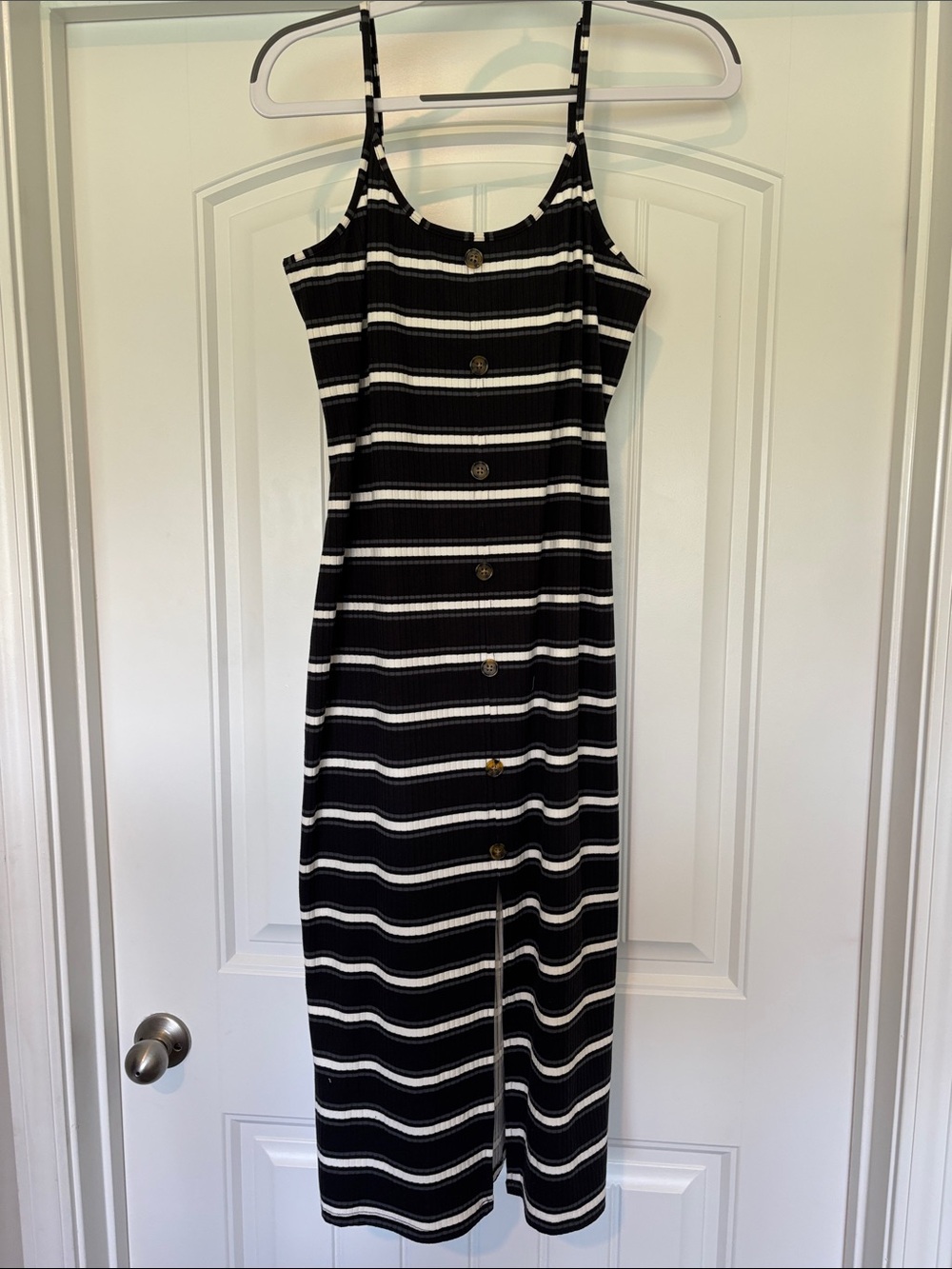 No Boundaries Black and White Striped Button-Front Midi Dress